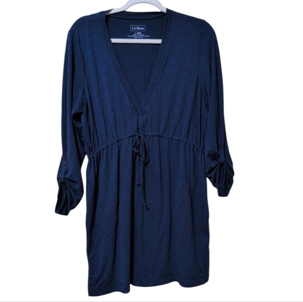 L.L.Bean blue V-neck drawstring tunic or dress size Large Navy versatile, casual